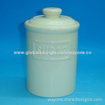 Ceramic sugar jar with embossed words,food-safe,easy to take care, for tea/coffee/biscuit storage